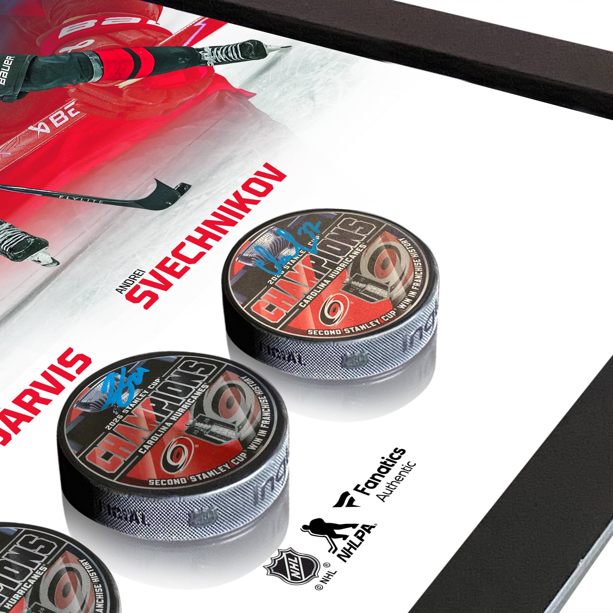 Andrei Svechnikov, Sebastian Aho & Seth Jarvis Carolina Hurricanes Autographed 2026 Stanley Cup Champions Framed 3-Puck Shadowbox - Limited Edition of 500